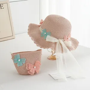 Pink girls sun straw hat and matching bag set with butterfly lace and pearl accents