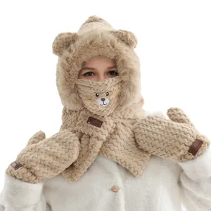 Ensemble écharpe à capuche et gants en peluche d'hiver avec oreilles d'ours en kaki clair