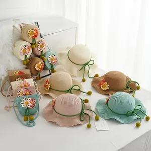 Kids woven straw sun hat and matching crossbody bag set with floral accents