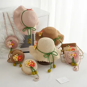 Kids Girls Summer Straw Sun Hat And Flower Crossbody Bag Set Wide Brim Beach Hat For Toddlers Children Travel Sun Protection