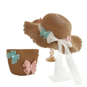 Kids straw sun hat and matching bag set with lace butterfly bows and pearl accents