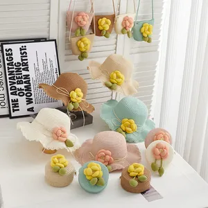 Summer straw hat set with floral accents and matching woven bags for girls