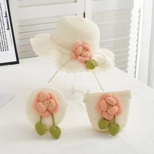 Three-piece beige straw hat and matching bags set with pink fabric flowers for girls