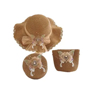 Strohhut- und Taschen-Set für Mädchen mit lila Blumen und Netzschmetterlingen