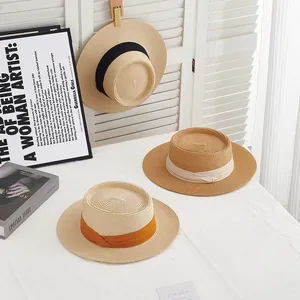 Women French Boater Straw Hat Flat Top Wide Brim Sun Hat With Satin Ribbon Bow For Summer Beach Vacation Travel