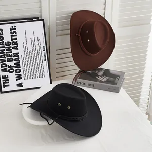 Classic black and brown wool felt cowboy hats with woven bands and windproof chin cords