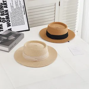 French style straw boater hat with ribbon bow for summer beach and sun protection