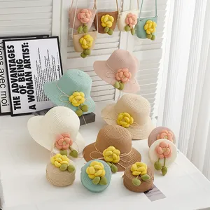 Chapeau de Paille d'Été Soleil pour Femmes Filles Enfants Fleur de Camélia Bord Large Chapeau de Plage et Sac en Paille Assorti Accessoires de Voyage