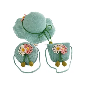 Kids mint green straw hat and crossbody bag set with floral lace and daisy decoration