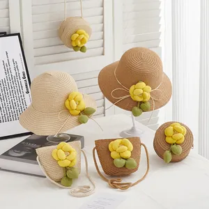 Ensemble chapeau de paille et sac à bandoulière avec décor floral jaune pour filles