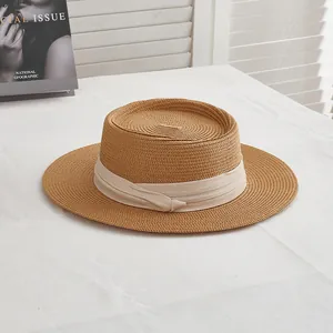 French style flat top straw hat with beige ribbon for summer beach sun protection