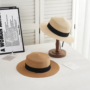 Elegant French Flat Top Straw Boater Hat For Women Men Sun Protection Wide Brim Paper Straw Beach Hat With Black Ribbon