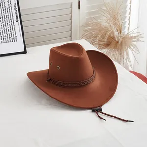 Tan western felt cowboy hat with adjustable wind rope and woven decorative band