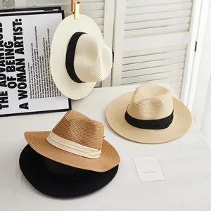 Unisex Summer Straw Fedora Hat Wide Brim Breathable Panama Sun Hat With Ribbon Bow For Beach Vacation Outdoor Travel