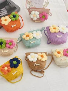 Kids Straw Woven Crossbody Bag With 3D Crochet Flowers Sweet Label Zipper Closure Mini Shoulder Bag For Girls Outing Vacation