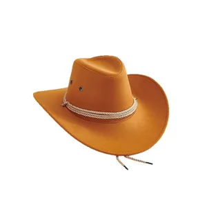 Classic wide brim khaki wool western cowboy hat with braided rope band and wind strap