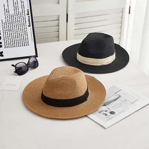 Breathable straw Panama hats in black and beige with elegant ribbon bands for summer