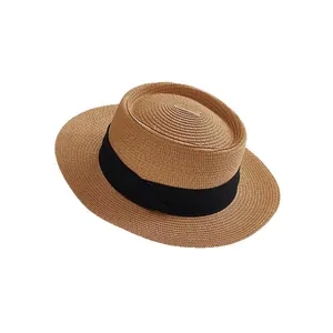 Classic straw boater hat for women with black ribbon band for summer beach sun protection