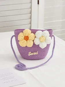 Handmade purple straw woven crossbody bag with cute 3D crochet flowers for girls