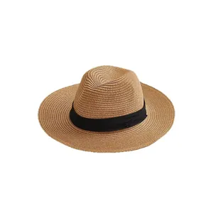 Classic summer panama straw hat with black ribbon band and breathable wide brim for sun protection