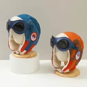 Chapeau aviateur enfant avec lunettes et doublure polaire chaude bleu et orange
