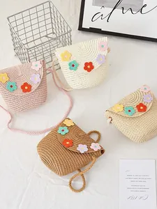 Kids Girls Cute Straw Woven Crossbody Bag Mini Summer Beach Flap Shoulder Bag With Colorful Crochet Flowers Decorative Purse