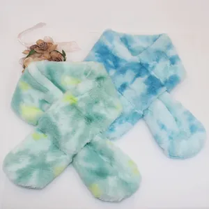 Kids tie-dye faux rabbit fur scarf in vibrant green and blue marble patterns