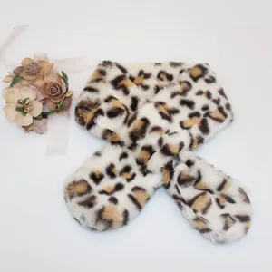 Faux fur leopard print winter scarf for kids with thick soft plush and cross-wrap design