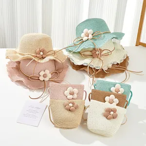 Summer Kids Girls Straw Sun Hat And Matching Crossbody Bag Set Flower Bow Wavy Brim Beach Outdoor UV Protection Hats