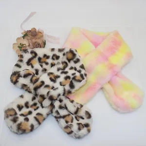 Kids Thick Faux Rabbit Fur Scarf Girls Winter Warm Plush Neck Warmer Tie Dye Leopard Print Cross Scarf Fashion Children Outdoor Accessory