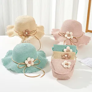 Kids straw sun hat and matching crossbody bag set with floral decor in three colors
