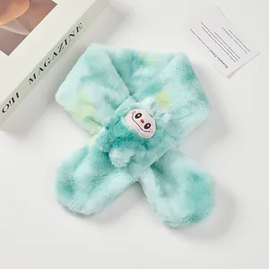 Plush tie-dye faux rabbit fur scarf for kids in mint green and yellow with rabbit patch