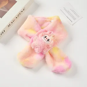 Cozy pink and yellow tie-dye faux rabbit fur scarf for children with cute cartoon face