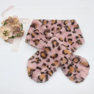 Pink leopard print faux fur scarf for children with cross-through design and plush texture