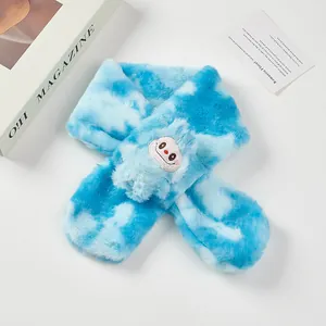 Kids plush tie-dye scarf in blue and white clouds pattern with cute cartoon embroidery