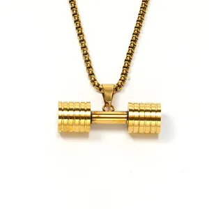 Fashionable gold barbell pendant necklace made of stainless steel for gym enthusiasts