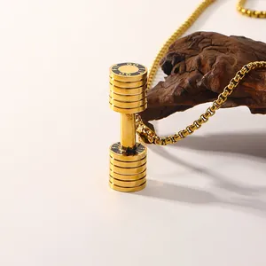 Golden barbell necklace with GO FIT engraving on a square box chain for fitness fans