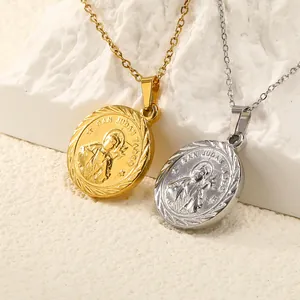 Vintage Saint Jude Coin Pendant Necklace Stainless Steel 18K Gold Plated Religious Medal San Judas Tadeo Portrait Necklace For Women