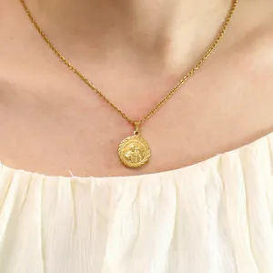 Vintage 18k gold plated stainless steel Saint Jude coin medallion necklace on neck