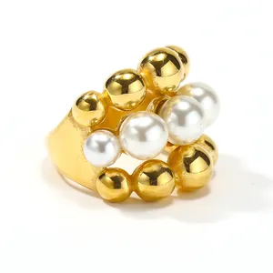 French chic gold titanium steel wide ring with stacked white pearls and gold metal spheres