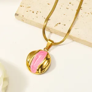 18k vergoldete Edelstahlkette mit rundem, rosa marmoriertem Emaille-Anhänger für Damen