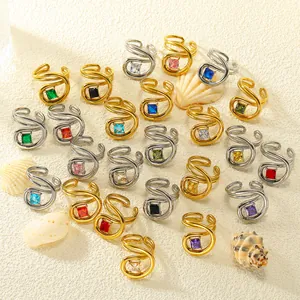 Mode Luxus Quadratischer Zirkon Unregelmäßig Gebogener Offener Ring Titanstahl 18K Vergoldet Damen Schmuck Verstellbarer Ring