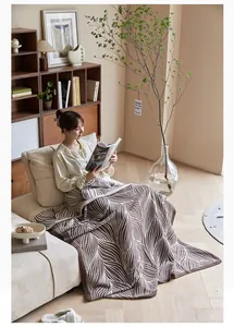 Detailed view of Nordic jacquard knit blanket with brown leaf patterns and premium edging