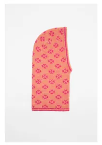 Close-up of pink four-leaf clover jacquard knit texture on this warm balaclava hood