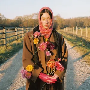 Chic pink clover jacquard knit balaclava hat styled with warm autumn coat and gloves