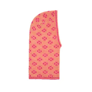 Colorful clover heart jacquard knitted balaclava hood in vibrant orange and pink
