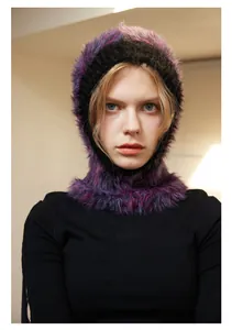 Detailed close-up of fuzzy purple and black space-dyed knit balaclava texture