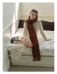 Detail of soft brown wool blend scarf with tassels styled for a cozy winter look