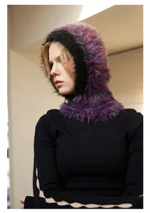 Detail of chunky faux fur balaclava in dark purple and black mixed colors for winter