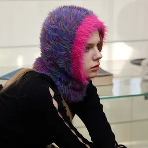 Fuzzy multi-color balaclava hood in purple and green with bright pink faux fur trim